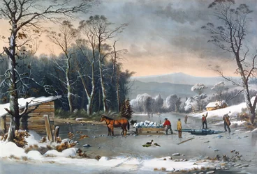 Hiver à la campagne, récolte de glace, publié par Currier and Ives, New York